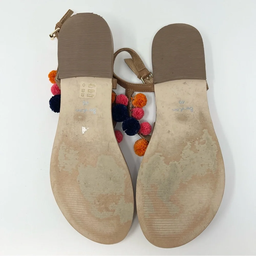 Boden Pompom Leather Sandals Women’s Size 9 Tan Thongs Colorful Fun